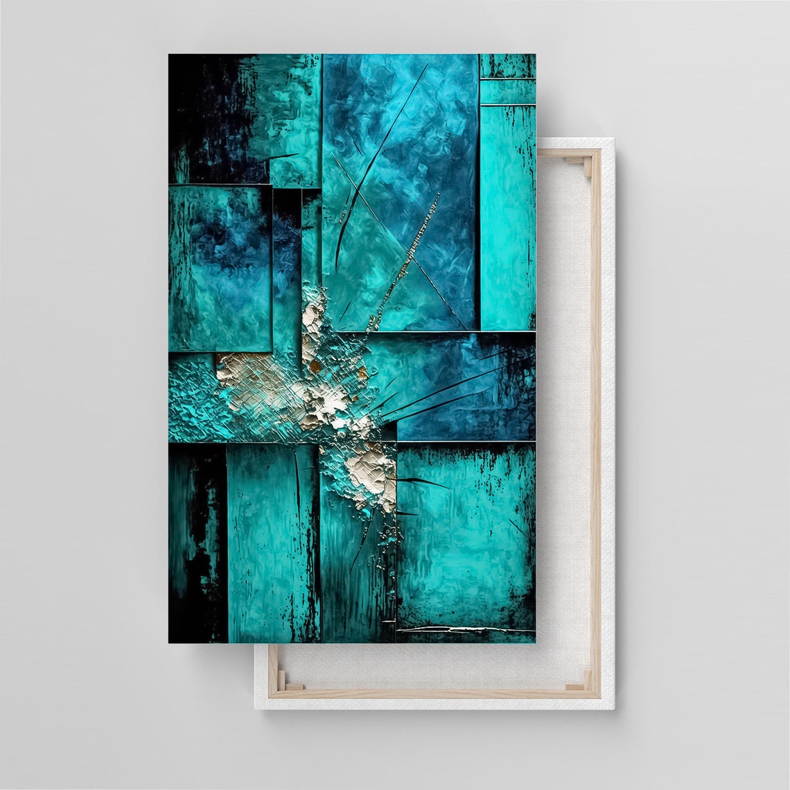 Turquoise Blue Geometric Abstract Panel Modern Canvas Wall Art - Image 3