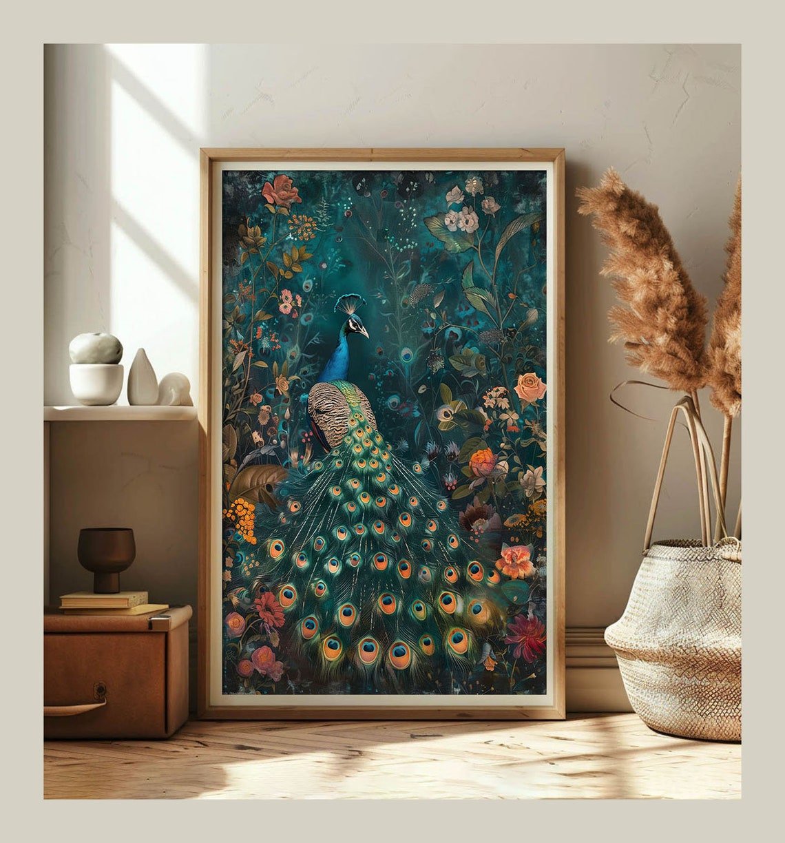 Peacock Fanning Full Tail Teal Floral Garden Elegant Bird Art Poster