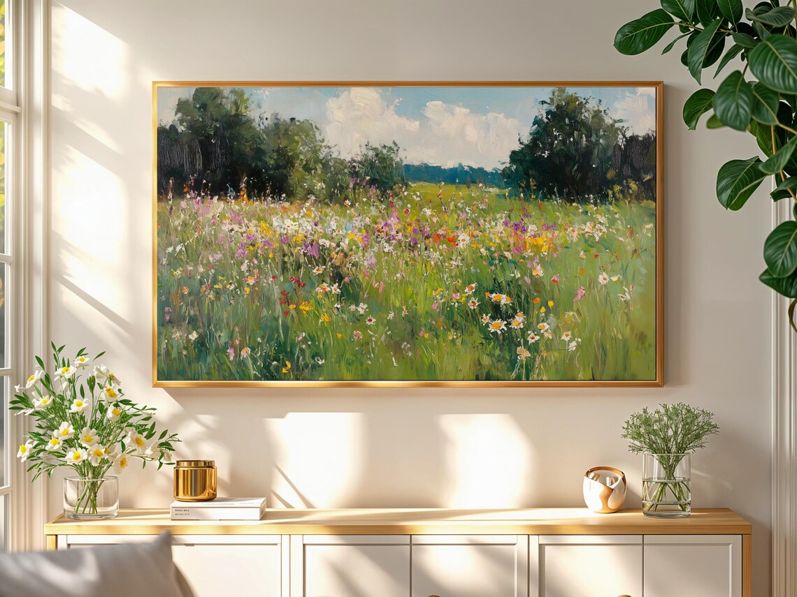 Vintage Spring Wildflower Meadow Landscape Art Print - Image 2