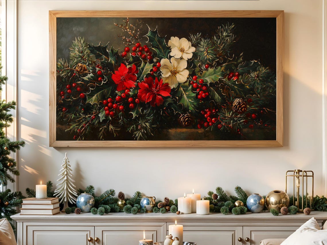 Winter Floral Christmas Frame Tv Art Dark Moody Christmas Decor Antique Holiday Flowers Painting Warm Seasonal Decoration - Image 3