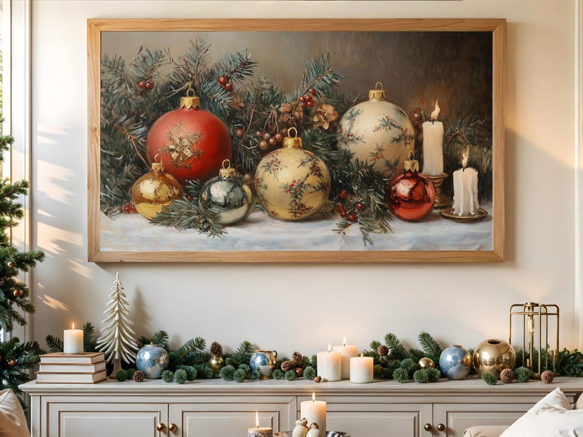 Christmas Ornaments Candles Pine Vintage Holiday Still Life Poster - Image 3
