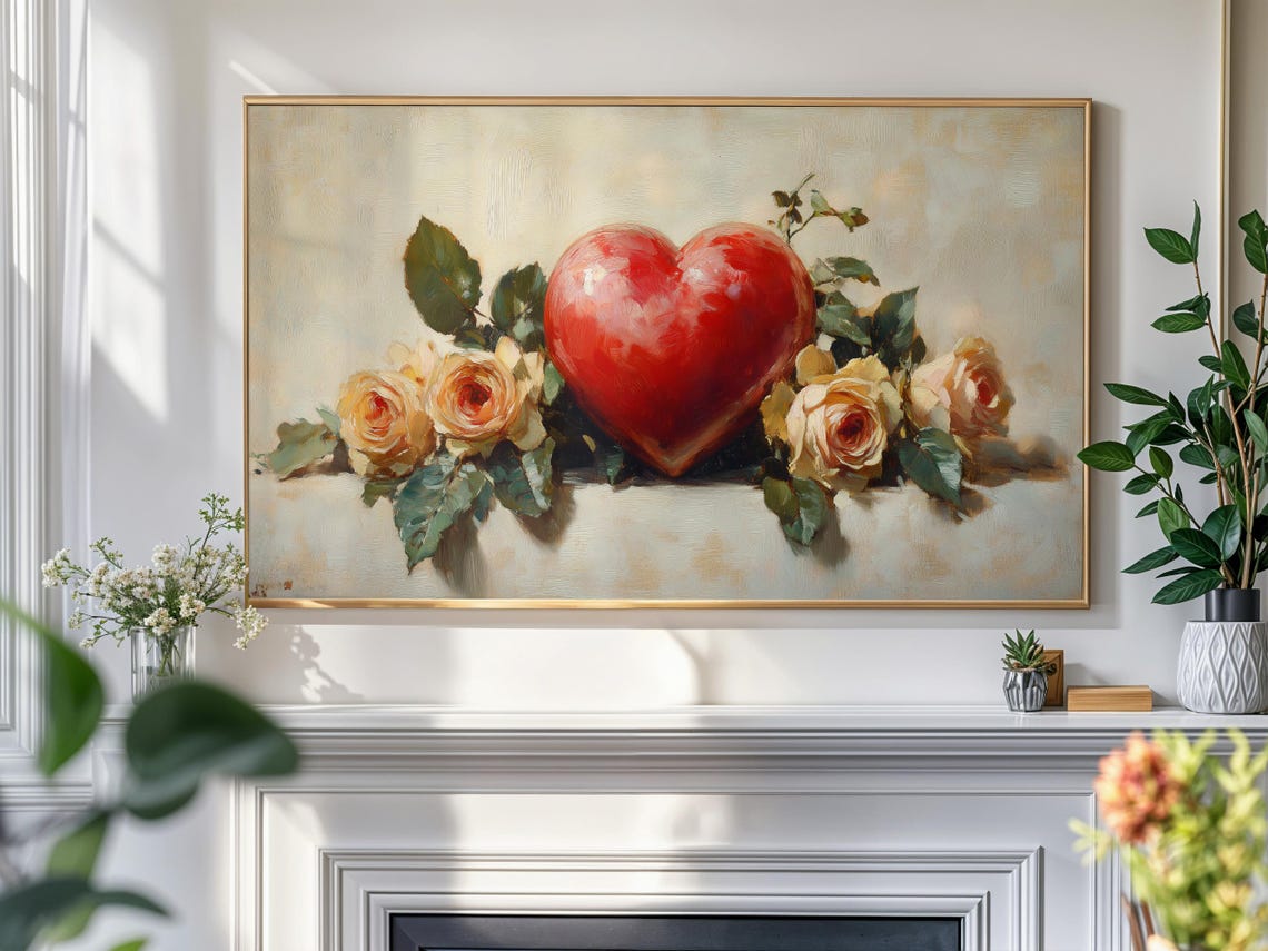 Red Heart With Cream Roses Romantic Vintage Valentines Floral Poster - Image 4