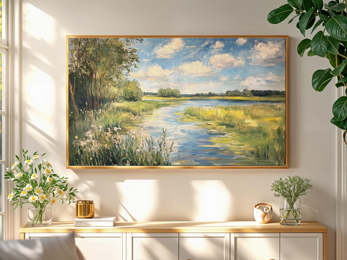 Spring River Meadow Wildflowers Sunny Impressionist Landscape Poster - Image 2