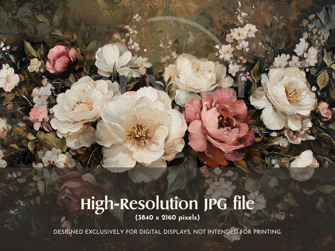 White and Pink Roses Dark Moody Vintage Botanical Floral Art Poster - Image 3