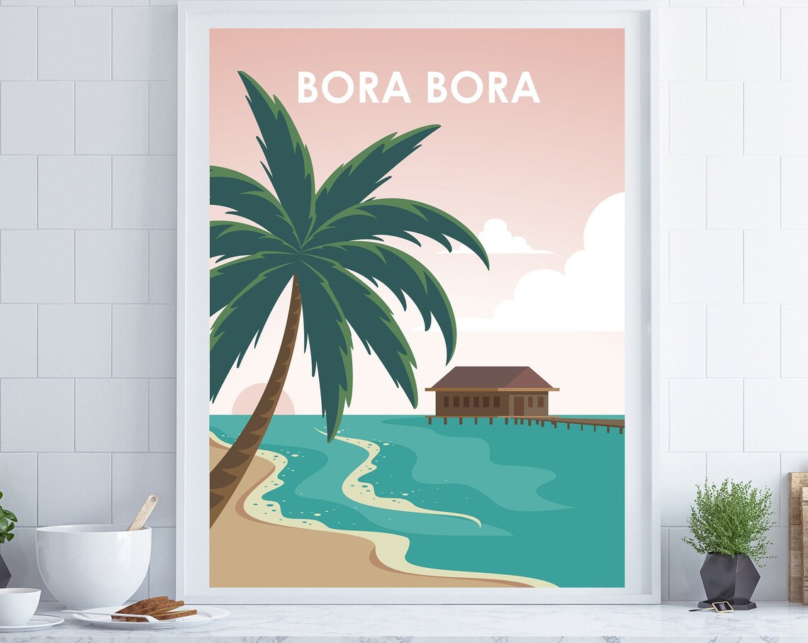 Bora Bora Retro Travel Poster, Tropical Coastal Decor