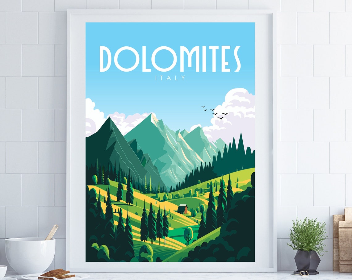 Dolomites Italy Alpine Peaks Pine Forest Green Retro Travel Poster