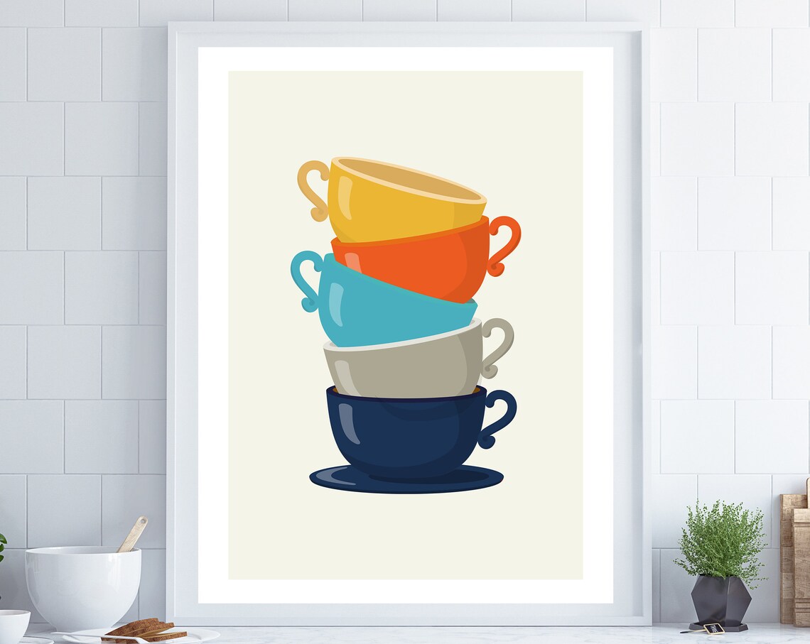 Retro Tea Cups Kitchen Poster, Housewarming Gift