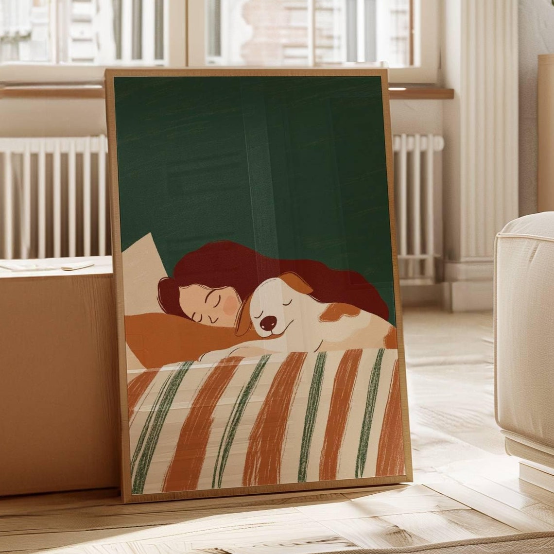 Dog Lover Gift Girl And Dog Art Print Bedroom Decor Kids Room Wall Decor Girl Children Room Art Woman With Dog Art Print Green And Brown