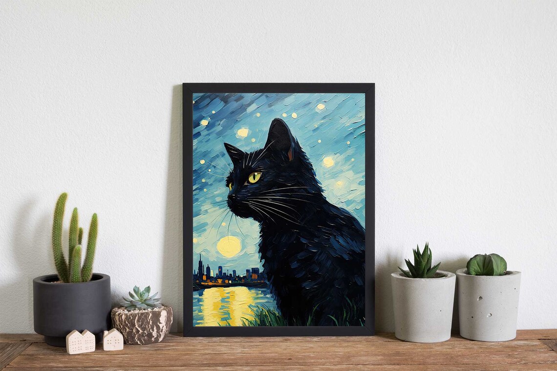 Black Cat Portrait Under Starry Moonlit City Skyline Painting Poster - Image 3