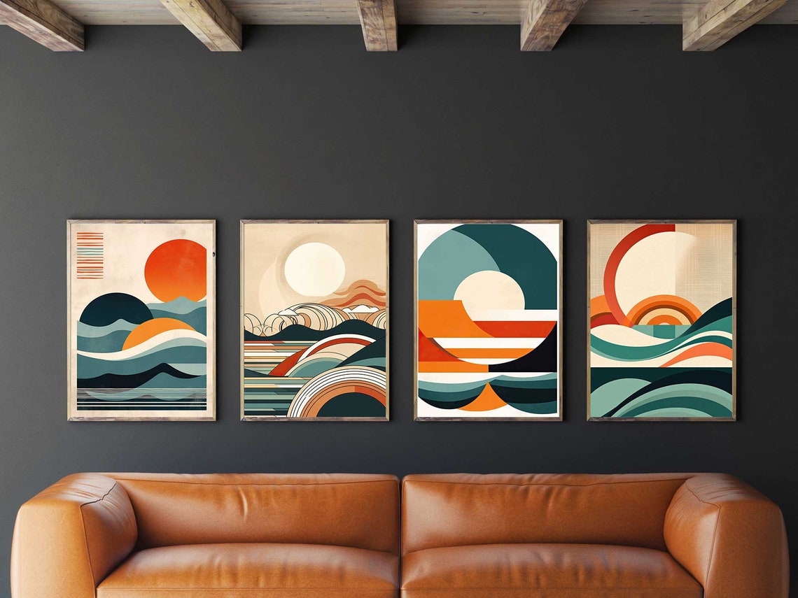 Mid Century Modern Ocean Sunrise With Retro Wave Curves Poster - Image 3