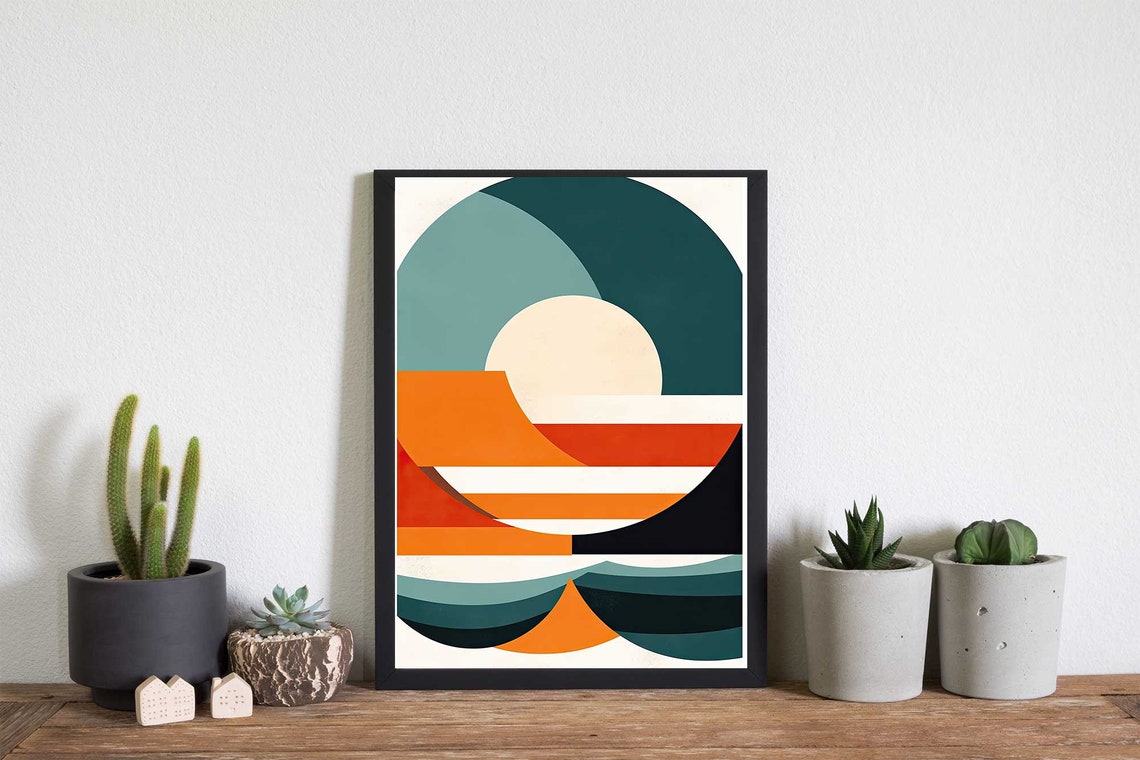 Mid Century Modern Ocean Sunset Abstract Geometric Waves Poster - Image 3