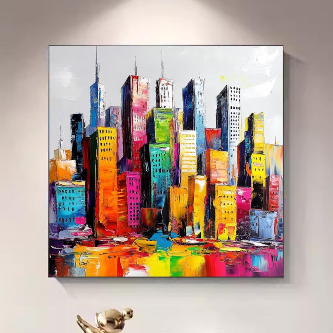 Large Colorful City Abstract Painting Original Skyline Painting Colorful Urban City Landscape Oil Painting On Living Room Wall Decor