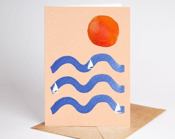 Abstract Waves Sailboats Sunset Minimalist Seaside Card Print