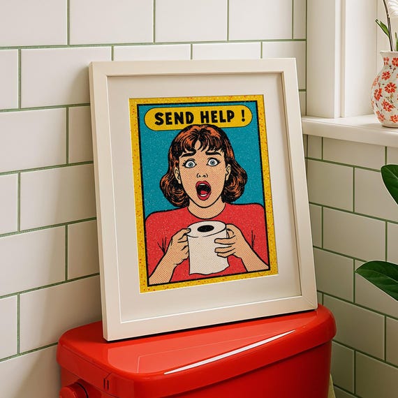 Funny Retro Bathroom Wall Art Pop Humor Poster Quirky Toilet Paper Comic Style Decor