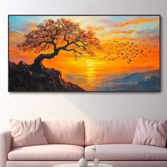 Mountain Landscape Oil Painting Sunset Artwork Thick Texture Hand Painted Knife Art Decor Contemporary Natural Scenery Large Modern