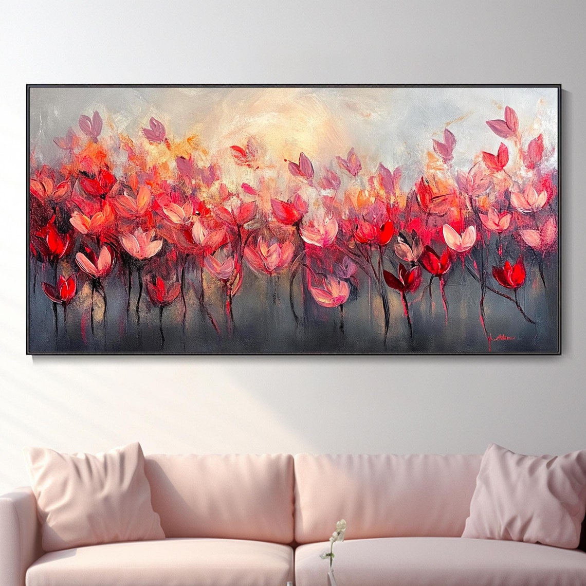 Crimson Red Flowers On Dark Grey Abstract Floral Painting Poster