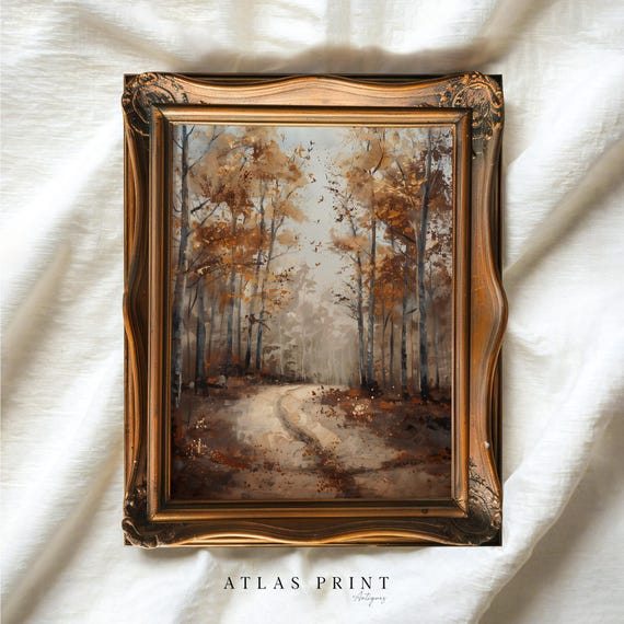 Vintage Fall Forest Landscape Print Moody Autumn Country Road Prints Thanksgiving Warm Tone Decor Rustic Farmhouse Art