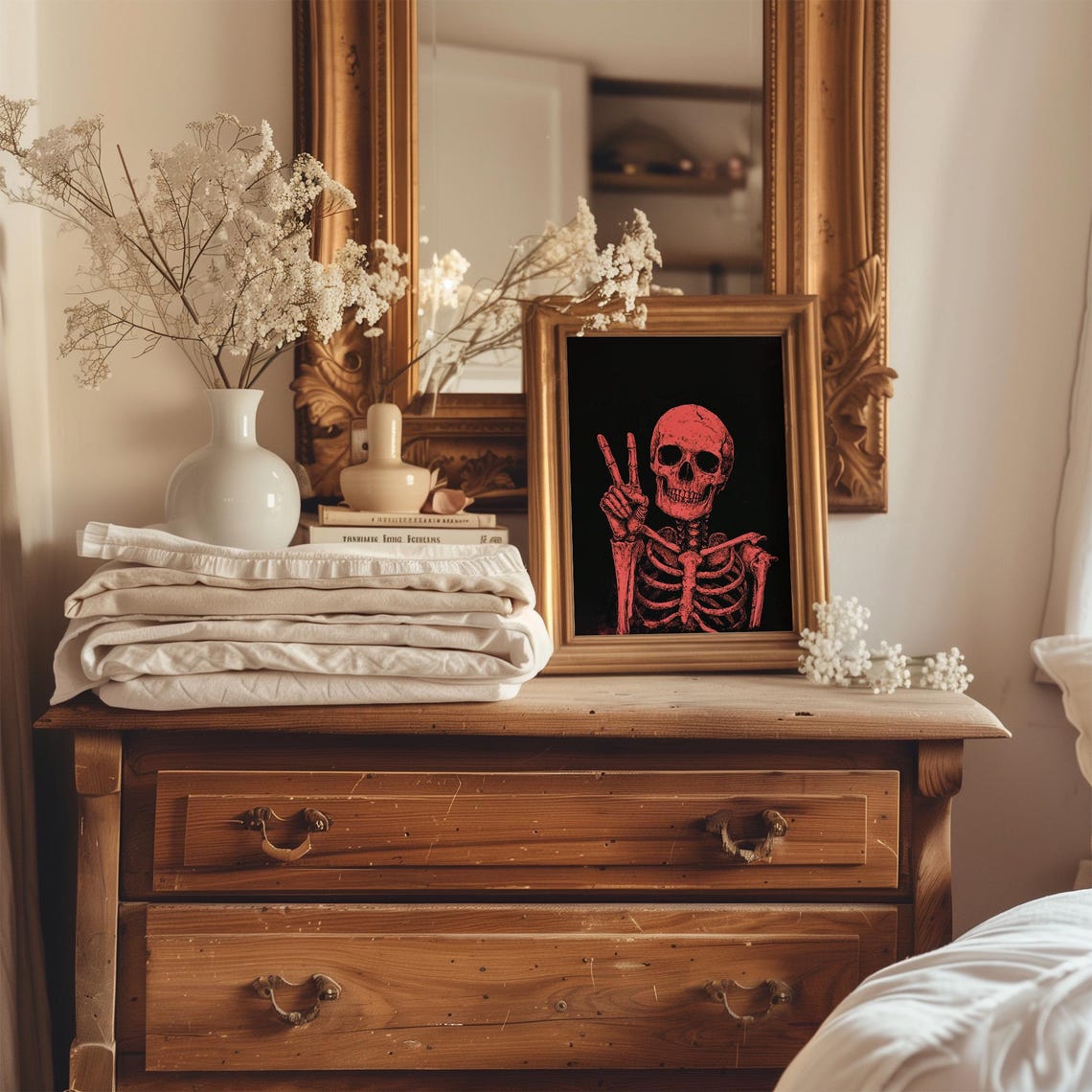 Pink Skeleton Peace Sign Retro Halloween Spooky Fun Wall Art - Image 3