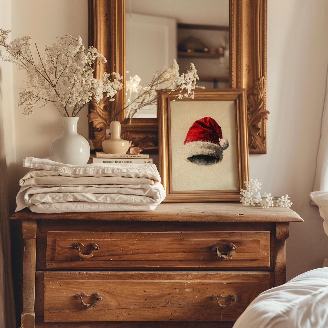 Cozy Minimalist Red Santa Hat Vintage Christmas Holiday Wall Art - Image 3