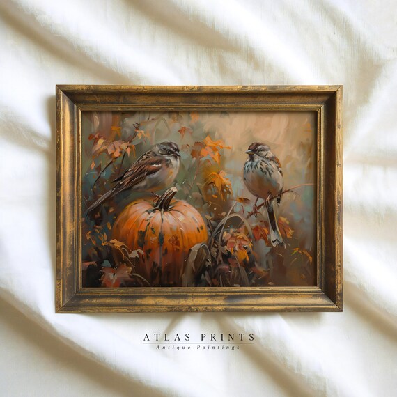 Two Sparrows On Pumpkin Autumn Oil Painting Fall Birds Wall Art