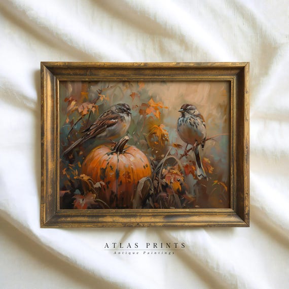 Vintage Pumpkin Bird Pintable Art Fall Wildflower Field Painting Autumn Halloween Wall Decor Moody Warm Floral Landscape Prints