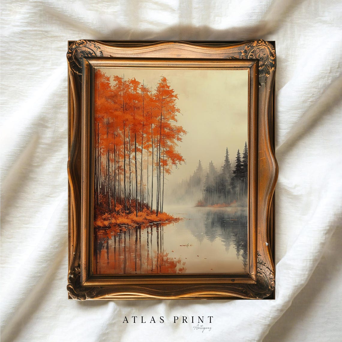 Autumn Trees By Misty Lake Orange Foliage Reflection Painting Poster