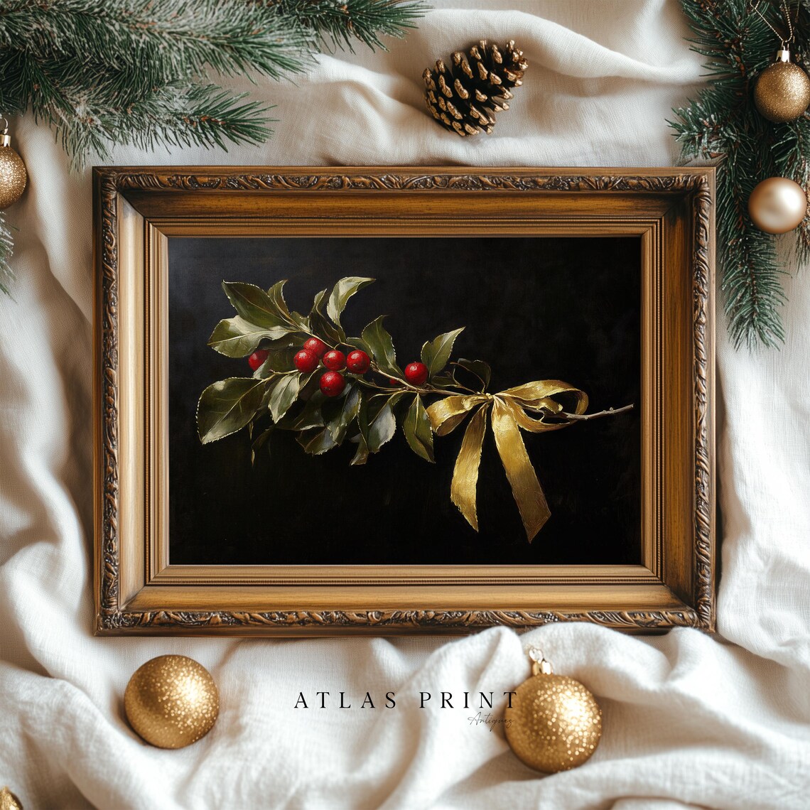 Vintage Mistletoe Holly Berries Gold Bow Dark Christmas Poster - Image 5