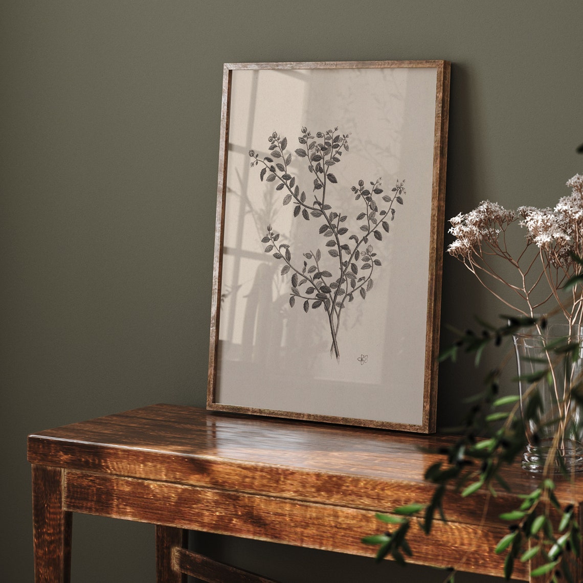 Elegant Minimal Grey Leaf Sprig Botanical Sketch Vintage Wall Art - Image 5