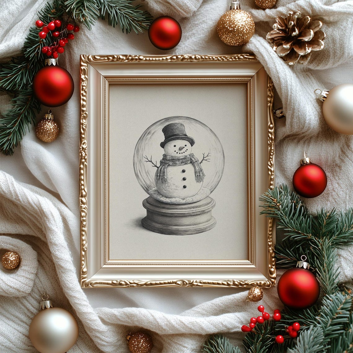 Vintage Snowman Snow Globe Sketch Neutral Christmas Decor Poster - Image 5