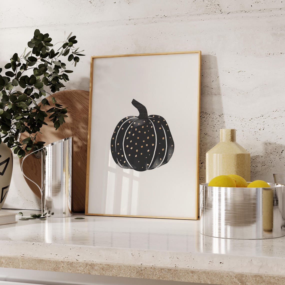 Black Polka Dot Pumpkin Minimalist Halloween Kitchen Wall Poster