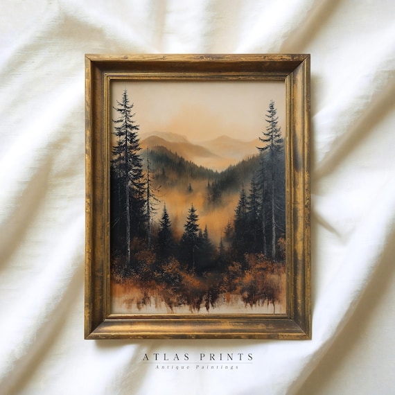 Moody Autumn Forest Misty Mountains Golden Pines Painting Wall Art