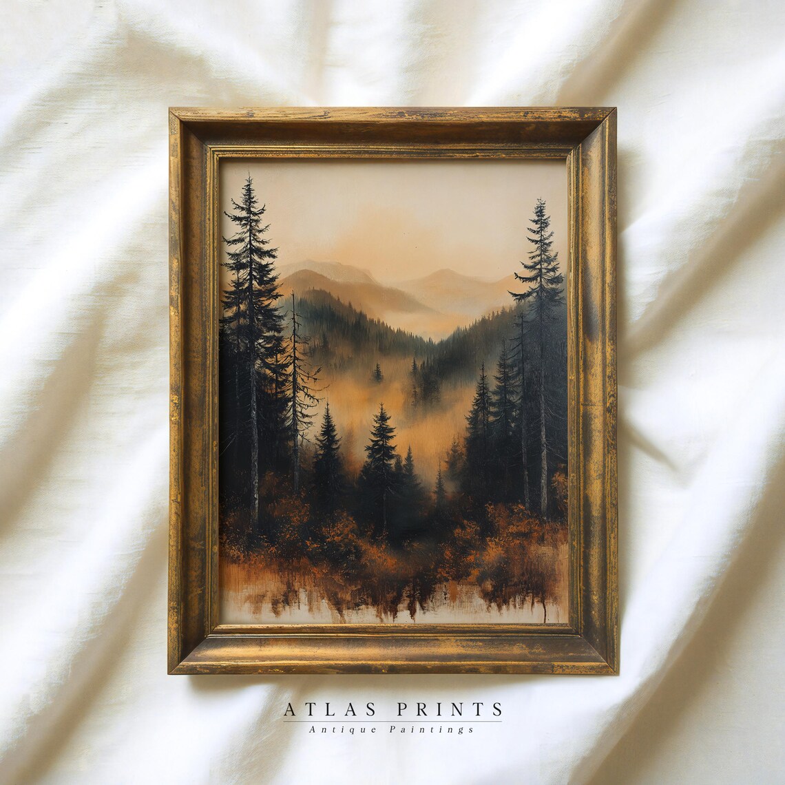 Moody Autumn Forest Misty Mountains Golden Pines Painting Wall Art