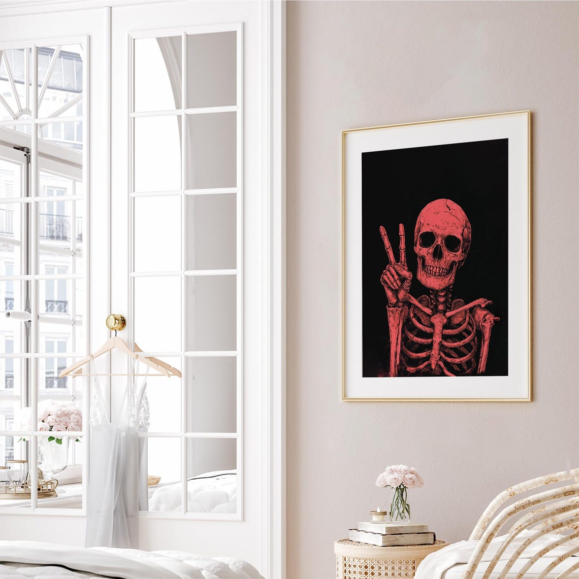 Pink Skeleton Peace Sign Retro Halloween Spooky Fun Wall Art - Image 5