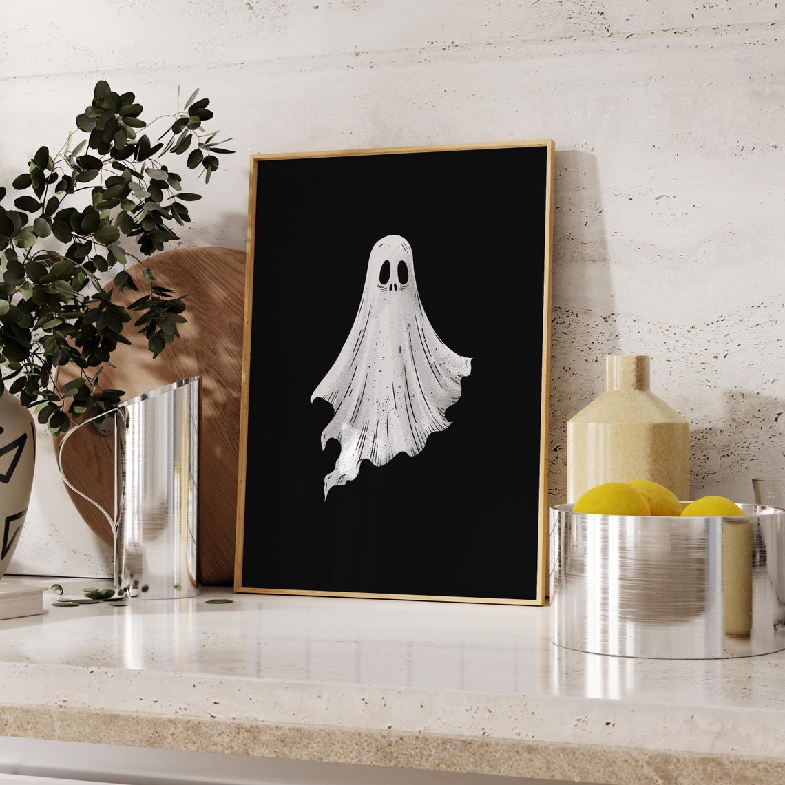 Cute White Ghost Black Background Whimsical Spooky Halloween Poster - Image 2