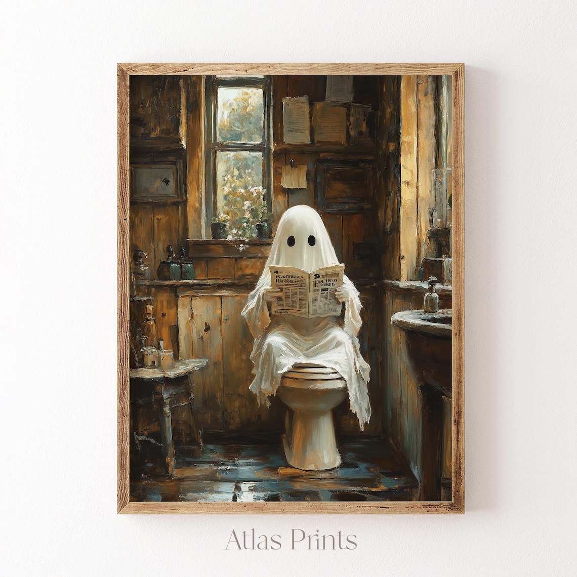 Cute Ghost On Toilet Reading Newspaper Dark Academia Halloween Poster - Image 4