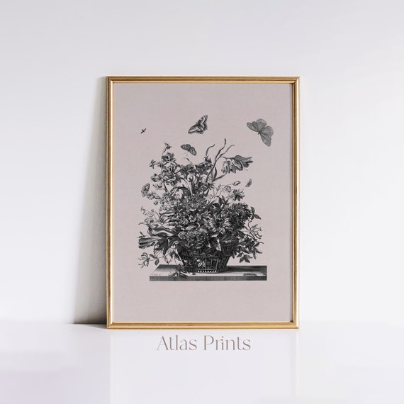 Butterfly And Flower Print Dark Botanical Antique Moody Cottagecore Decor Bedroom Wall Art Dark Academia Aesthetic