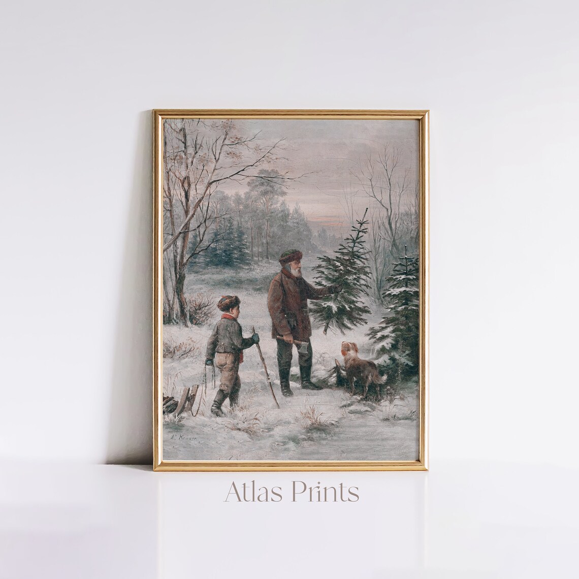 Vintage Winter Forest Painting Man Boy Cutting Christmas Tree Poster