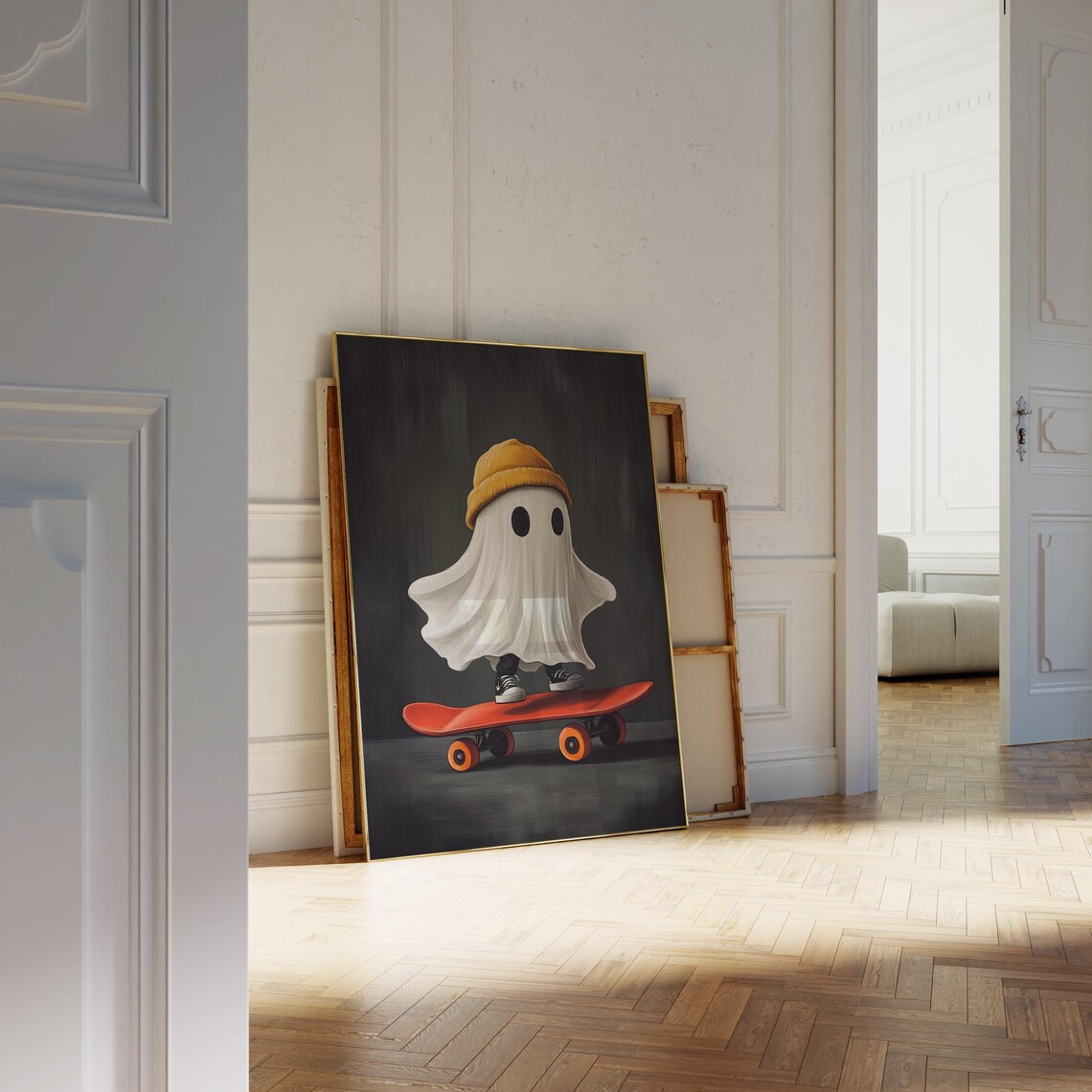 Modern Ghost Halloween Print Cute Ghost On Skateboard Poster Spooky Midcentury Modern Wall Art Funny College Dorm Decor - Image 2