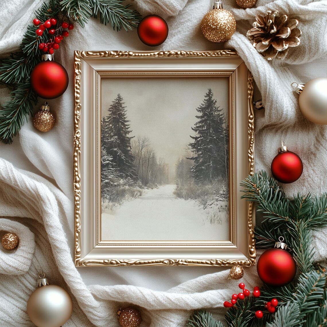 Snowy Winter Pine Forest Path Moody Vintage Landscape Painting Poster - Image 5