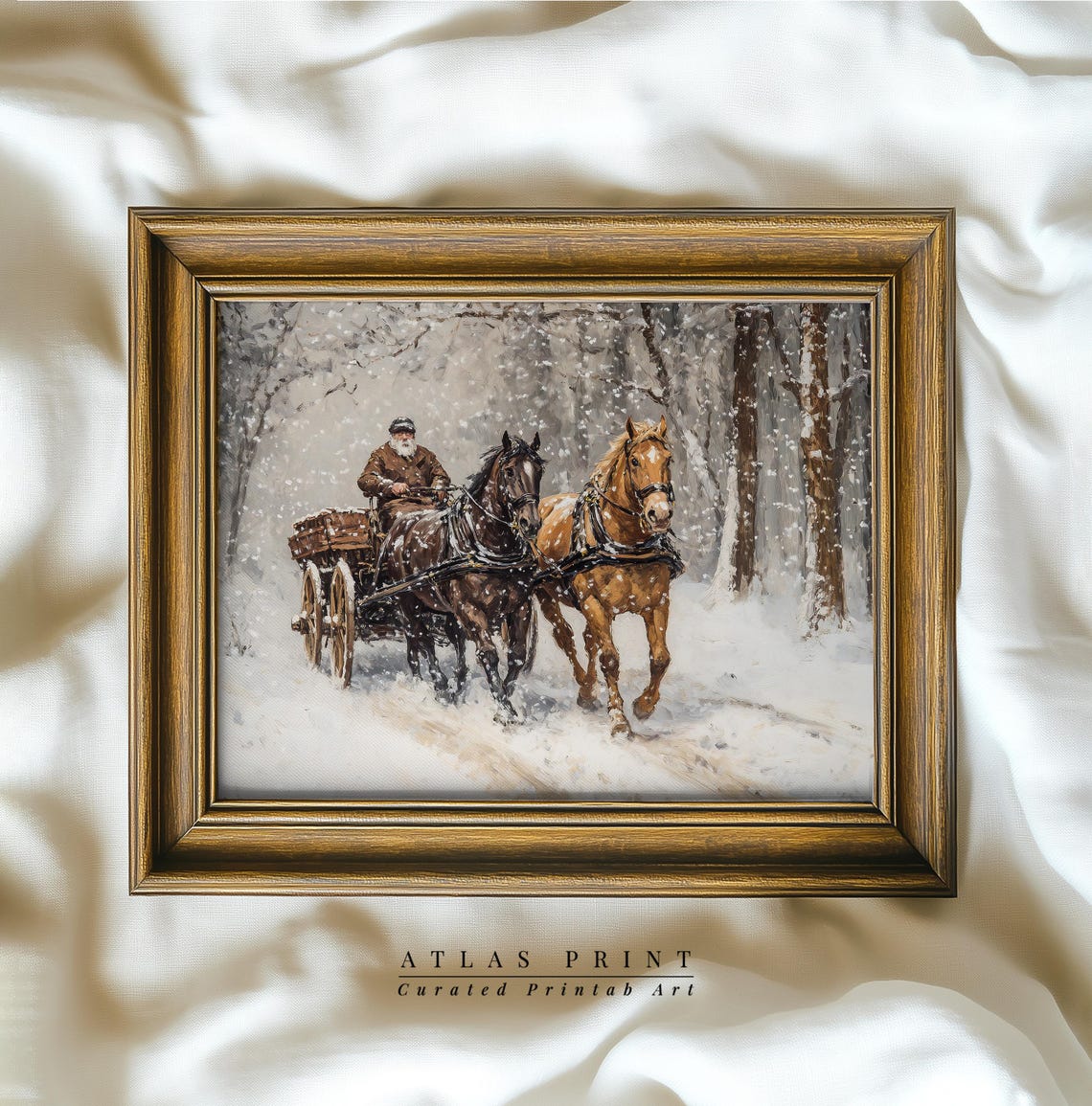Horse Drawn Carriage Snowy Winter Forest Vintage Holiday Poster
