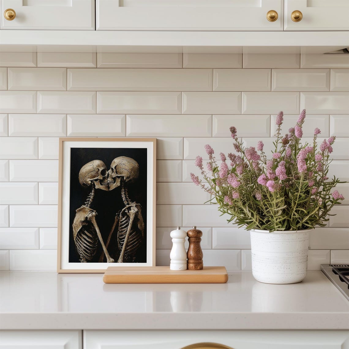 Vintage Skeletons Kissing Dark Romantic Halloween Art Poster - Image 2