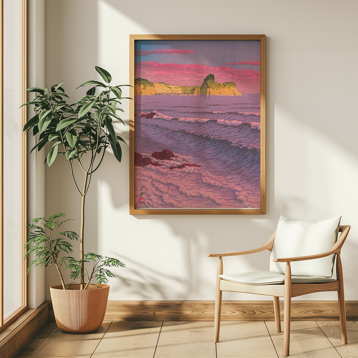 Kawase Hasui Purple Sunset Coastal Waves Japanese Woodblock Wall Art - Image 2