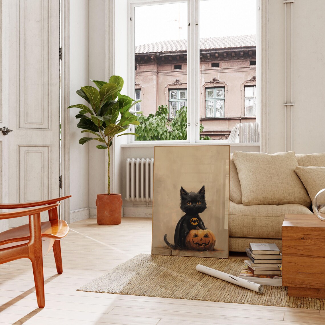 Cute Black Kitten In Bat Costume With Jack O Lantern Halloween Poster - Image 3