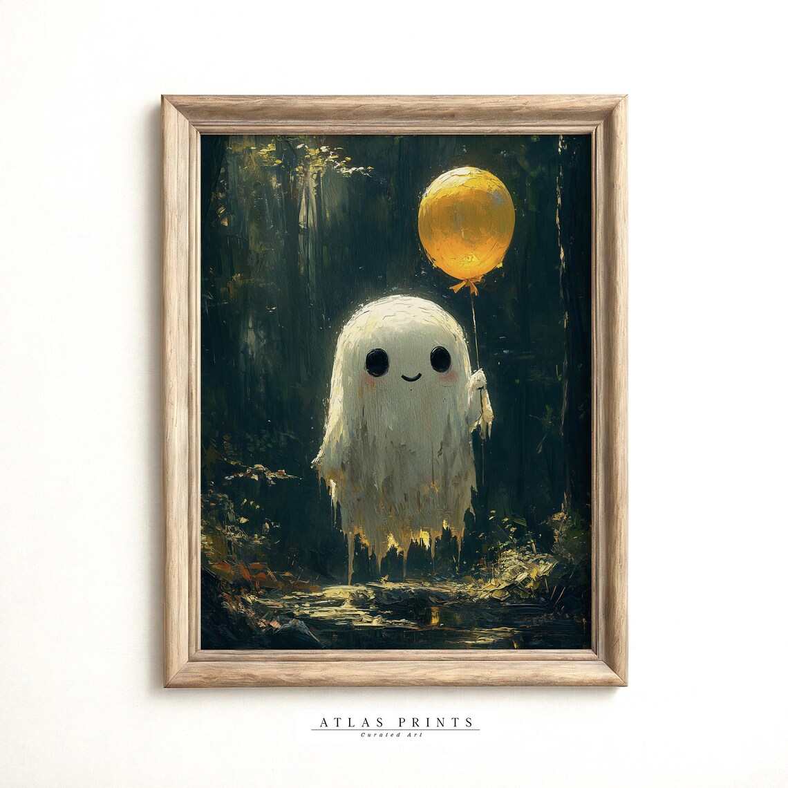 Sweet Ghost With Yellow Balloon In Dark Forest Vintage Halloween Art Poster - Image 4