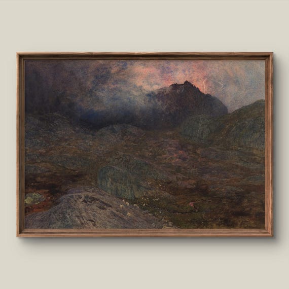 Vintage Mountain Landscape Art Print Fantasy Wall Decor Antique Painting Dark Moody Instant