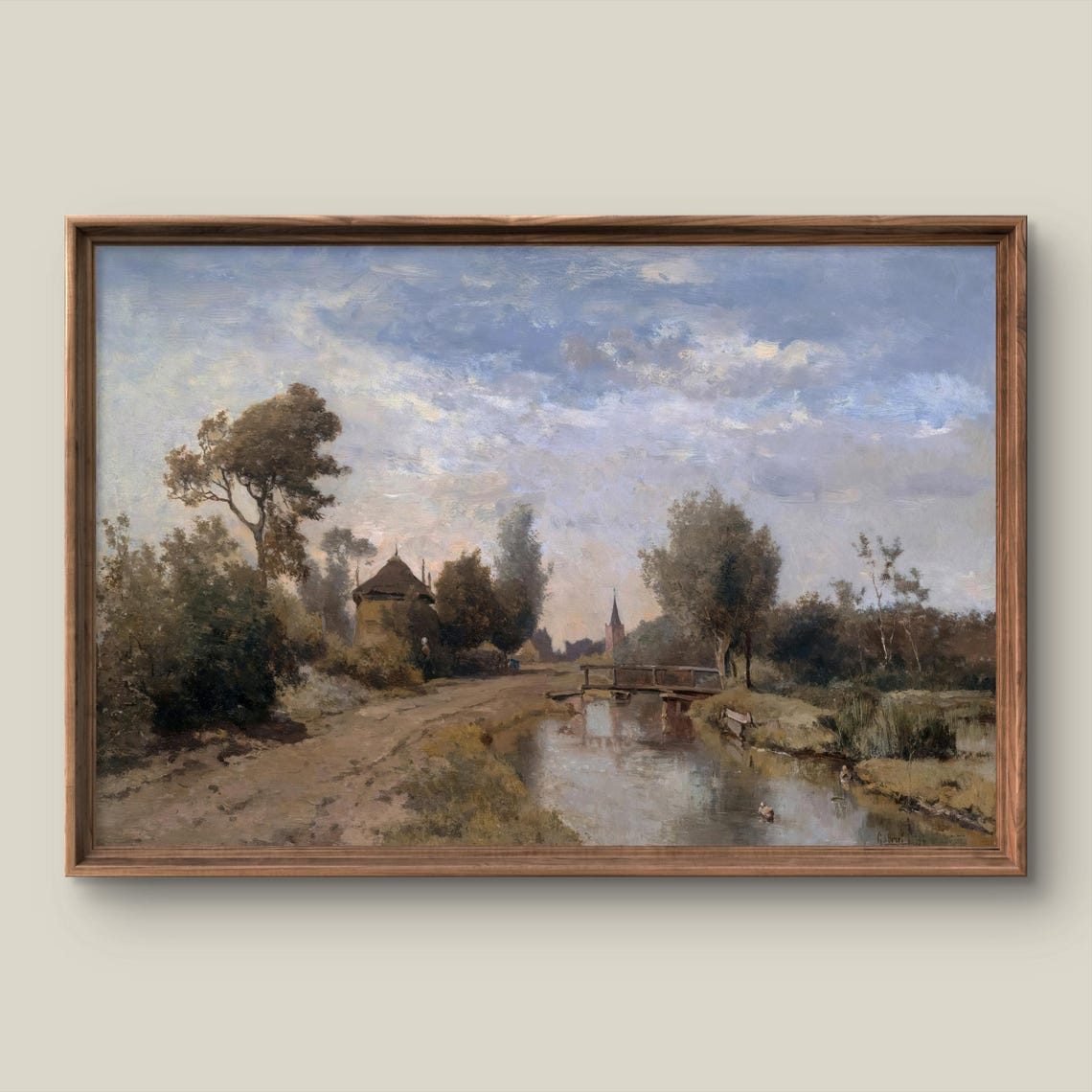 Summer Village Riverside Wooden Bridge Antique Dutch Landscape Print