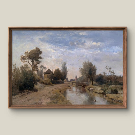 Vintage Summer Landscape Art Print Retro Wall Decor Antique Rustic Painting Orange Sunset Instant