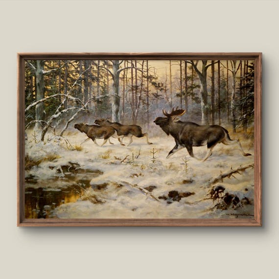Vintage Animal Portrait Art Print Retro Wall Decor Antique Painting Winter Forest Instant