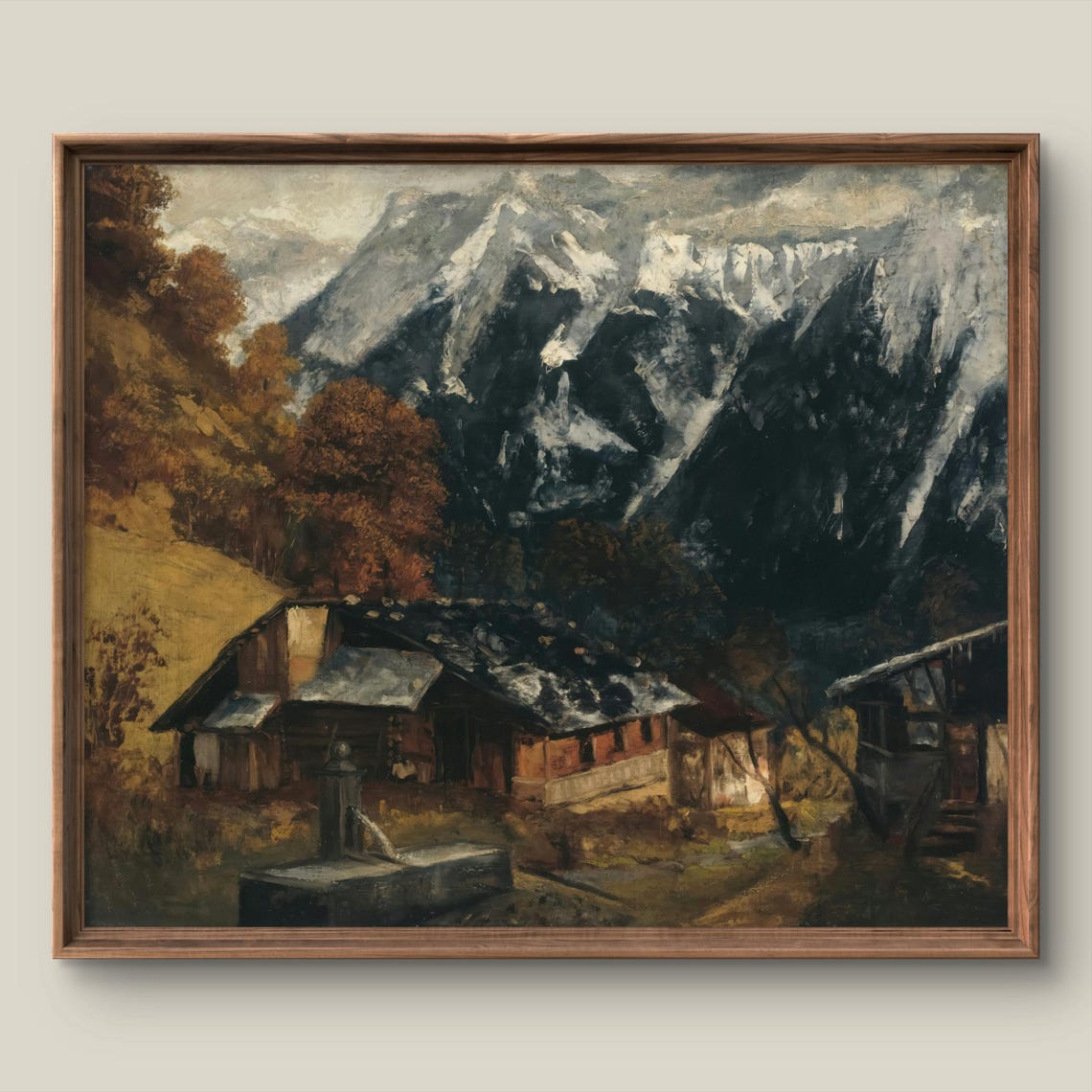 Alpine Cabin Beneath Snowy Peaks Vintage Mountain Painting Poster