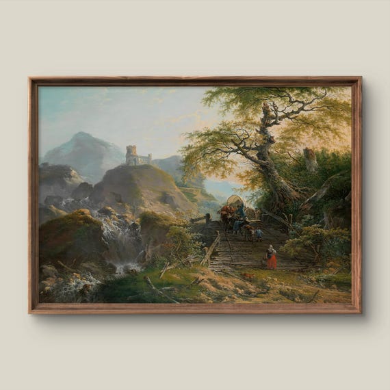 Vintage Mountain Landscape Art Print Retro Wall Decor Antique Painting Castle Ruin Instant